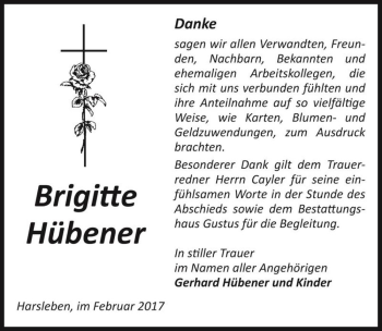 Traueranzeige von Brigitte Hübener  von Magdeburger Volksstimme