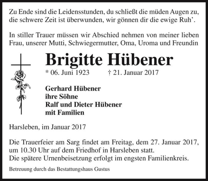  Traueranzeige für Brigitte Hübener  vom 25.01.2017 aus Magdeburger Volksstimme