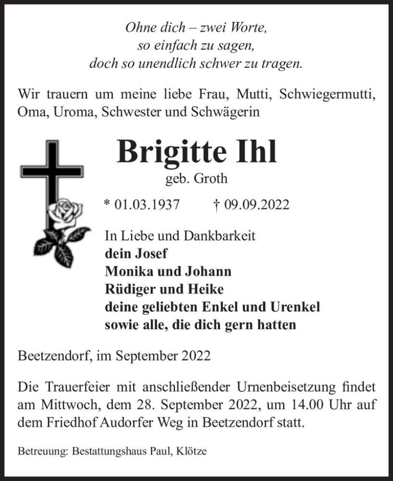  Traueranzeige für Brigitte Ihl (geb. Groth)  vom 14.09.2022 aus Magdeburger Volksstimme