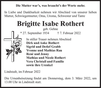 Traueranzeige von Brigitte Isabe Rothert (geb. Gehne)  von Magdeburger Volksstimme