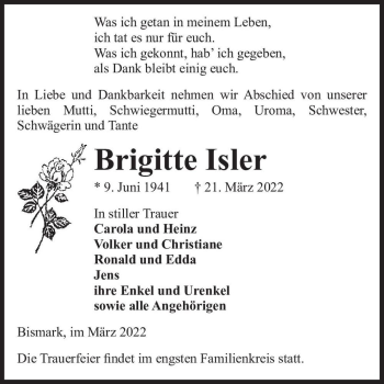Traueranzeige von Brigitte Isler  von Magdeburger Volksstimme