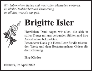 Traueranzeige von Brigitte Isler  von Magdeburger Volksstimme