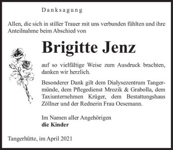 Traueranzeige von Brigitte Jenz  von Magdeburger Volksstimme