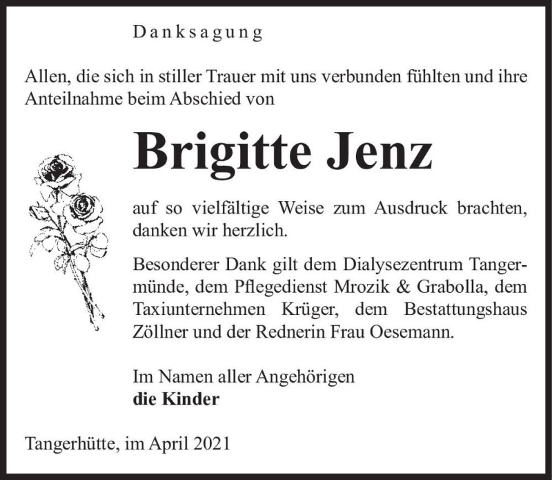  Traueranzeige für Brigitte Jenz  vom 24.04.2021 aus Magdeburger Volksstimme
