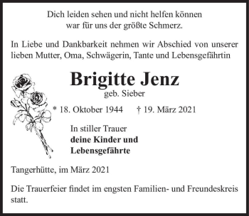 Traueranzeige von Brigitte Jenz (geb. Sieber)  von Magdeburger Volksstimme
