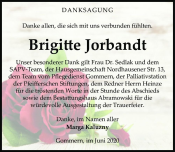 Traueranzeige von Brigitte Jorband  von Magdeburger Volksstimme