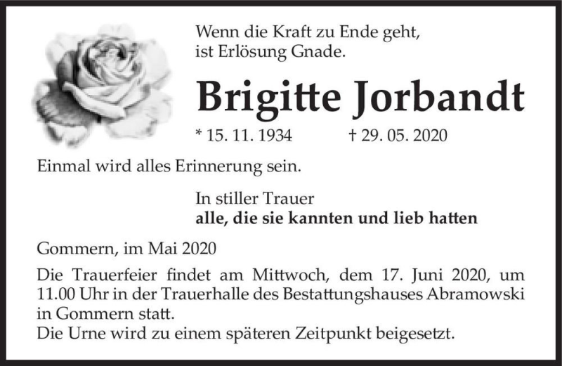  Traueranzeige für Brigitte Jorbandt  vom 13.06.2020 aus Magdeburger Volksstimme