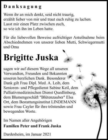 Traueranzeige von Brigitte Juska  von Magdeburger Volksstimme