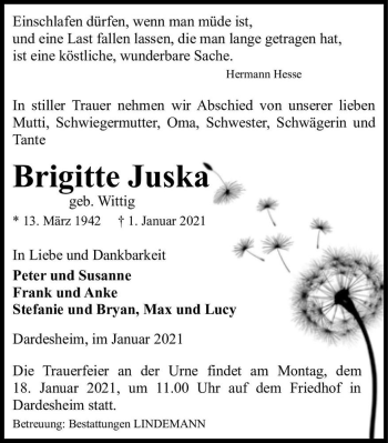 Traueranzeige von Brigitte Juska (geb. Wittig)  von Magdeburger Volksstimme