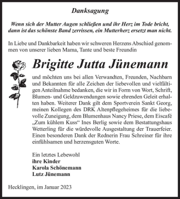 Traueranzeige von Brigitte Jutta Jünemann  von Magdeburger Volksstimme