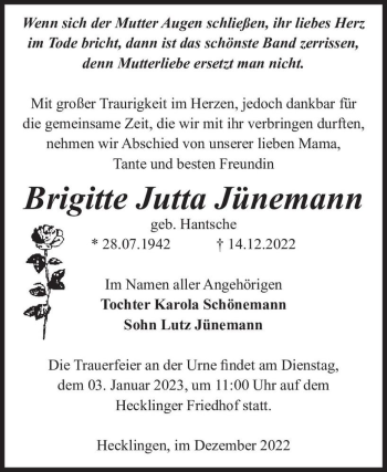Traueranzeige von Brigitte Jutta Jünemann (geb. Hantsche)  von Magdeburger Volksstimme