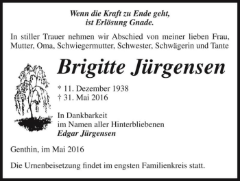Traueranzeige von Brigitte Jürgensen  von Magdeburger Volksstimme