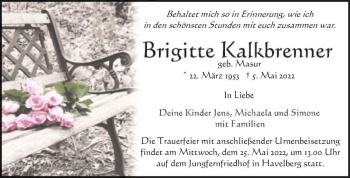 Traueranzeige von Brigitte Kalkbrenner (geb. Masur)  von Magdeburger Volksstimme