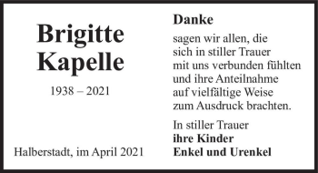 Traueranzeige von Brigitte Kapelle  von Magdeburger Volksstimme