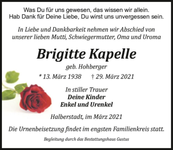 Traueranzeige von Brigitte Kapelle (geb. Hohberger)  von Magdeburger Volksstimme