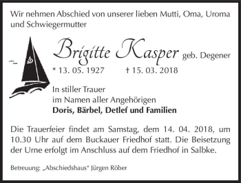 Traueranzeige von Brigitte Kasper (geb. Degener)  von Magdeburger Volksstimme