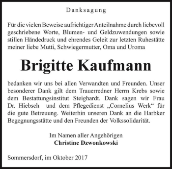 Traueranzeige von Brigitte Kaufmann  von Magdeburger Volksstimme