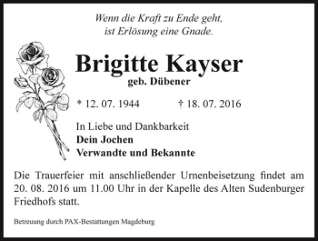 Traueranzeige von Brigitte Kayser (geb. Dübener)  von Magdeburger Volksstimme