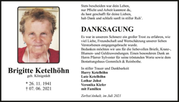 Traueranzeige von Brigitte Ketelhöhn (geb. Königstädt)  von Magdeburger Volksstimme