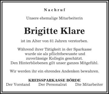 Traueranzeige von Brigitte Klare  von Magdeburger Volksstimme