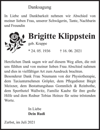 Traueranzeige von Brigitte Klippstein (geb. Krappe)  von Magdeburger Volksstimme