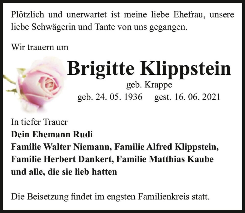  Traueranzeige für Brigitte Klippstein (geb. Krappe)  vom 19.06.2021 aus Magdeburger Volksstimme