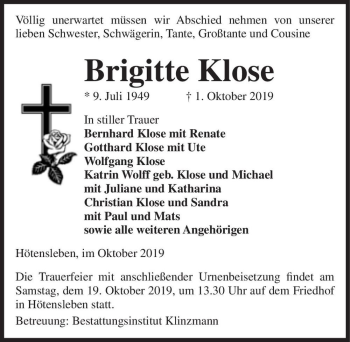 Traueranzeige von Brigitte Klose  von Magdeburger Volksstimme