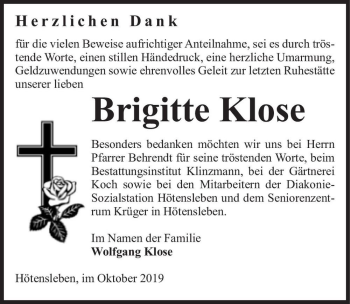 Traueranzeige von Brigitte Klose  von Magdeburger Volksstimme