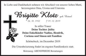 Traueranzeige von Brigitte Klotz (geb. Brösel)  von Magdeburger Volksstimme