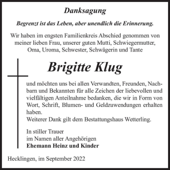 Traueranzeige von Brigitte Klug  von Magdeburger Volksstimme