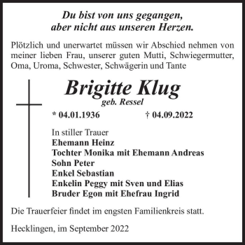 Traueranzeige von Brigitte Klug (geb. Ressel)  von Magdeburger Volksstimme