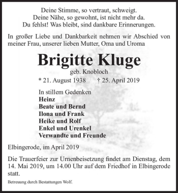 Traueranzeige von Brigitte Kluge (geb. Knobloch)  von Magdeburger Volksstimme