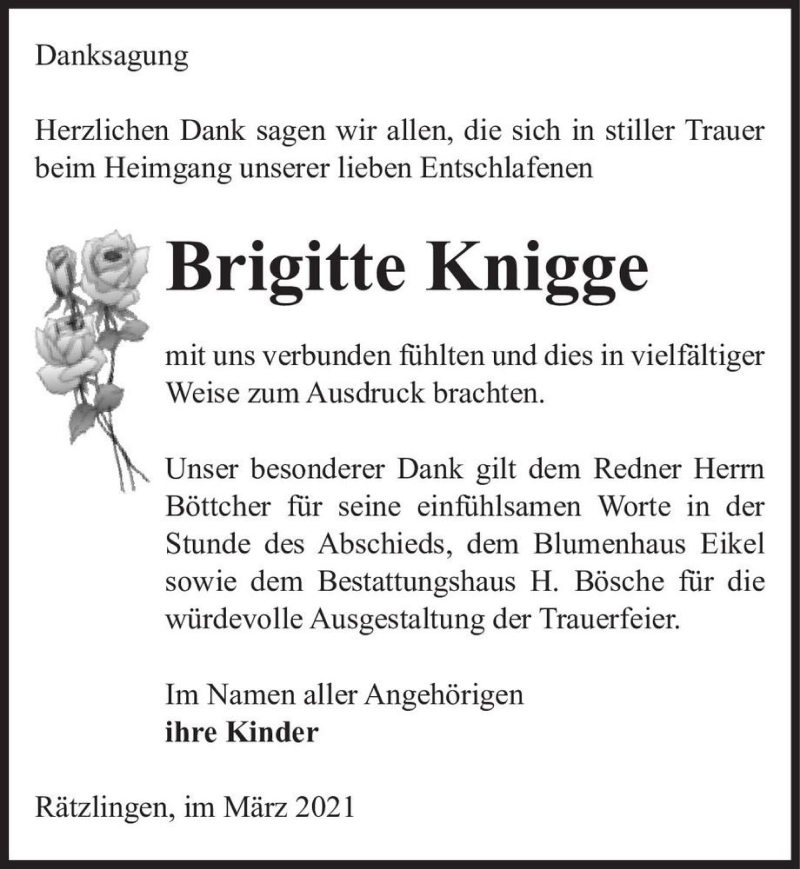  Traueranzeige für Brigitte Knigge  vom 16.03.2021 aus Magdeburger Volksstimme