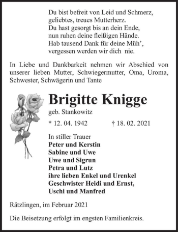 Traueranzeige von Brigitte Knigge (geb. Stankowitz)  von Magdeburger Volksstimme