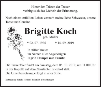 Traueranzeige von Brigitte Koch (geb. Müller)  von Magdeburger Volksstimme