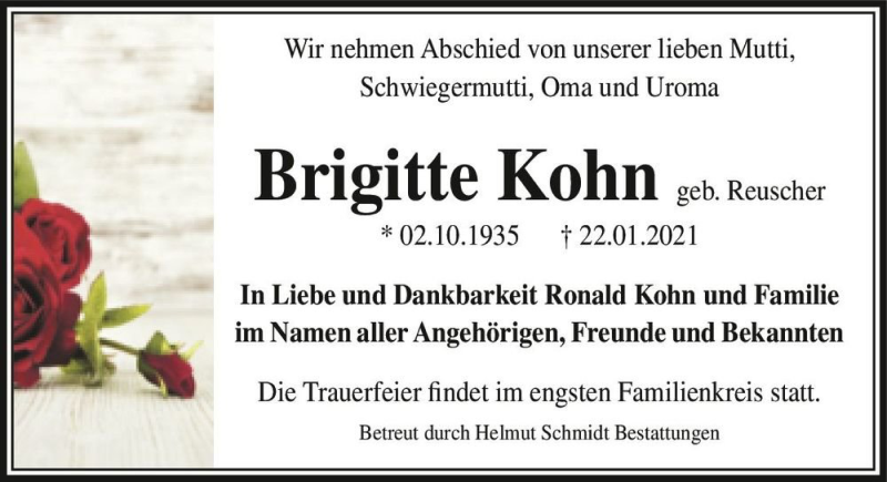  Traueranzeige für Brigitte Kohn (geb. Reuscher)  vom 30.01.2021 aus Magdeburger Volksstimme