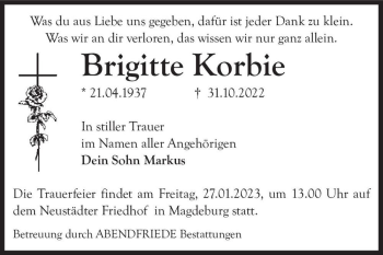 Traueranzeige von Brigitte Korbie  von Magdeburger Volksstimme