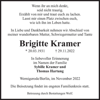 Traueranzeige von Brigitte Kramer  von Magdeburger Volksstimme