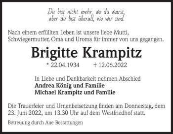 Traueranzeige von Brigitte Krampitz  von Magdeburger Volksstimme