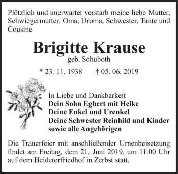 Traueranzeige von Brigitte Krause (geb. Schuboth)  von Magdeburger Volksstimme