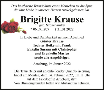 Traueranzeige von Brigitte Krause (geb. Szozepansky)  von Magdeburger Volksstimme