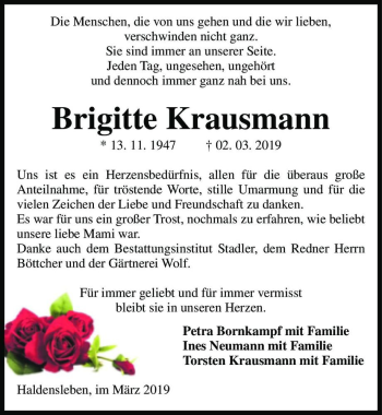 Traueranzeige von Brigitte Krausmann  von Magdeburger Volksstimme