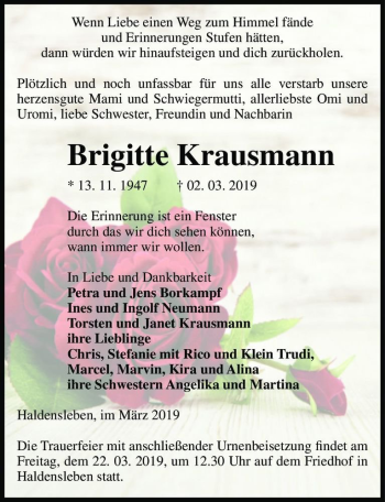 Traueranzeige von Brigitte Krausmann  von Magdeburger Volksstimme