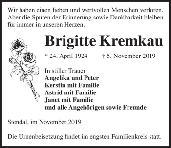 Traueranzeige von Brigitte Kremkau  von Magdeburger Volksstimme