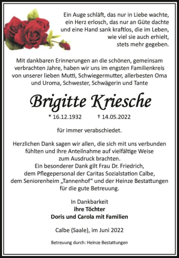 Traueranzeige von Brigitte Kriesche  von Magdeburger Volksstimme