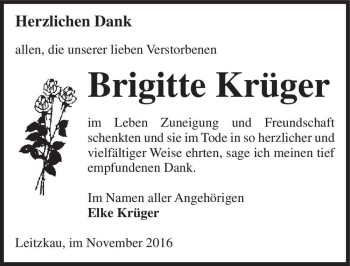 Traueranzeige von Brigitte Krüger  von Magdeburger Volksstimme
