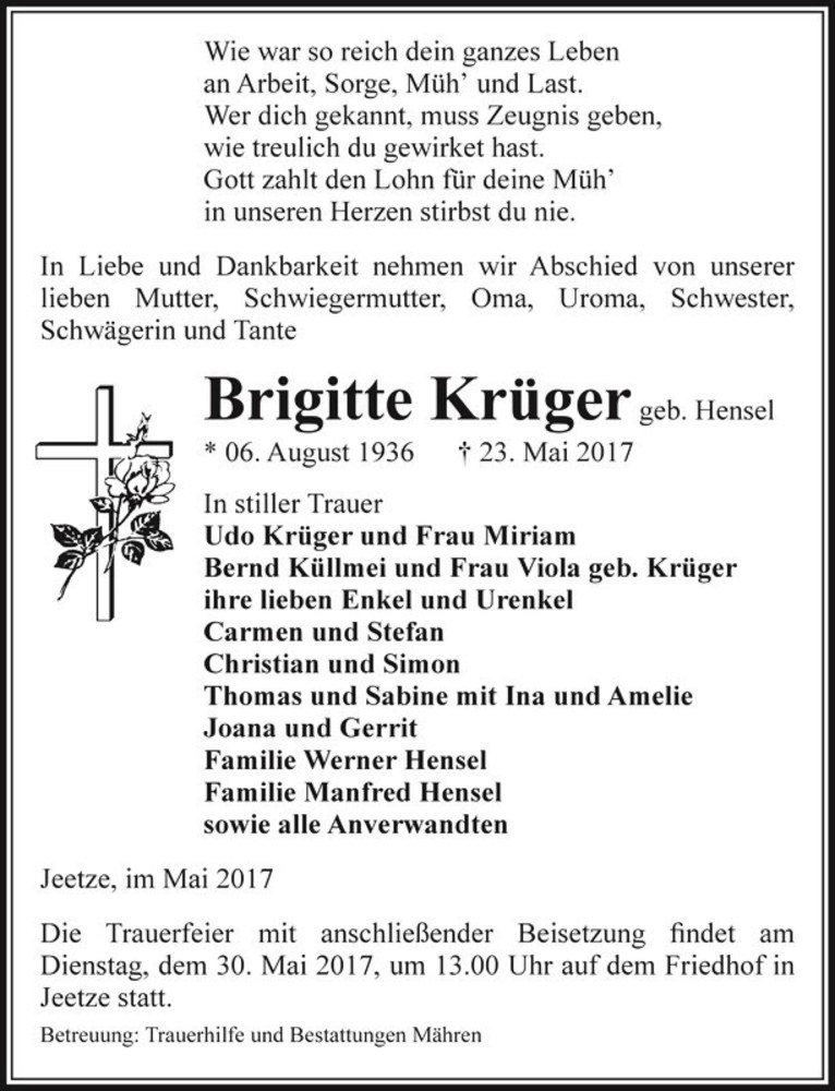  Traueranzeige für Brigitte Krüger (geb. Hensel)  vom 26.05.2017 aus Magdeburger Volksstimme