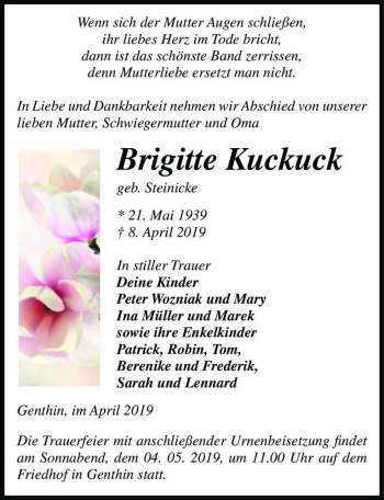 Traueranzeige von Brigitte Kuckuck (geb. Steinicke)  von Magdeburger Volksstimme