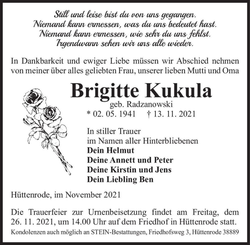  Traueranzeige für Brigitte Kukula (geb. Radzanowski)  vom 20.11.2021 aus Magdeburger Volksstimme