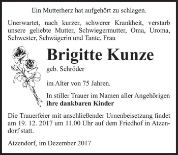 Traueranzeige von Brigitte Kunze (geb. Schröder)  von Magdeburger Volksstimme